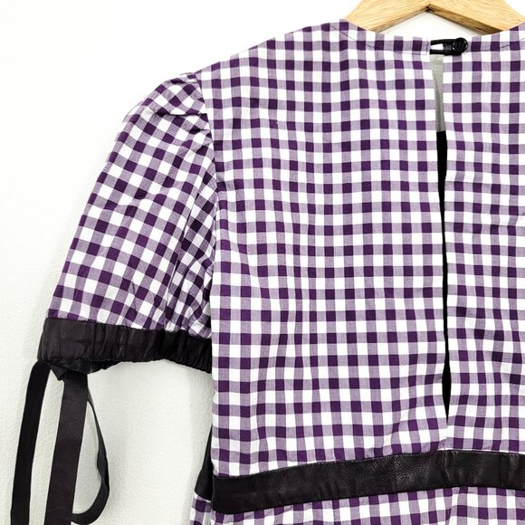 Vintage Yves Saint Laurent Purple Gingham Plaiand Leather Tie Shoulder Blouse XS - Picture 6 of 11
